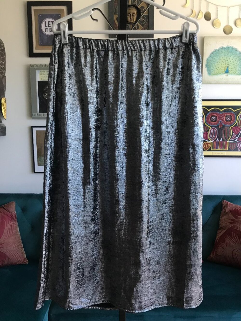 OLD NAVY size L Metallic Silver Foil Stretch Waist Pasha Pull-On Long Midi Skirt